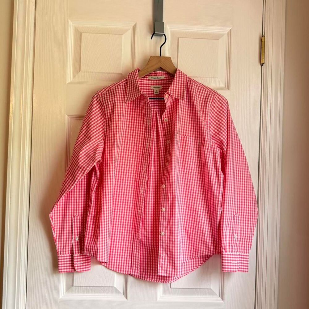 Gingham Red/Pink Long Button Down L.L.Bean Wrinkle Resist Oversized Size S